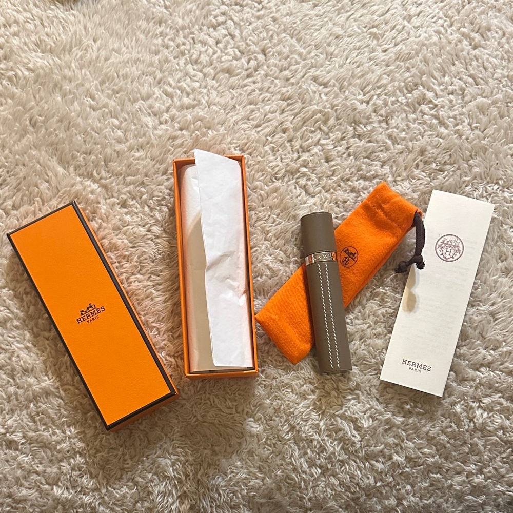 NWT Hermès Taupe Leather Spray Bottle with Silver Accents